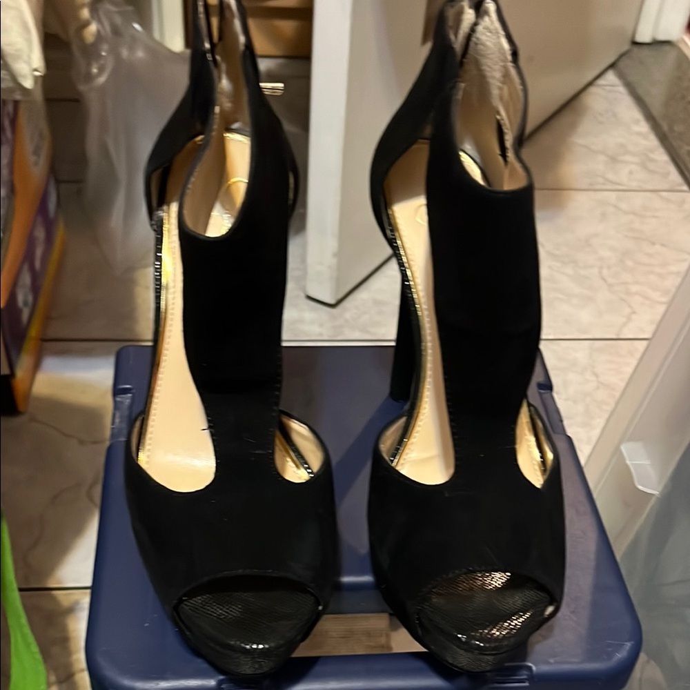 Black Stiletto Heels with Open Toe and Cut-Out Design